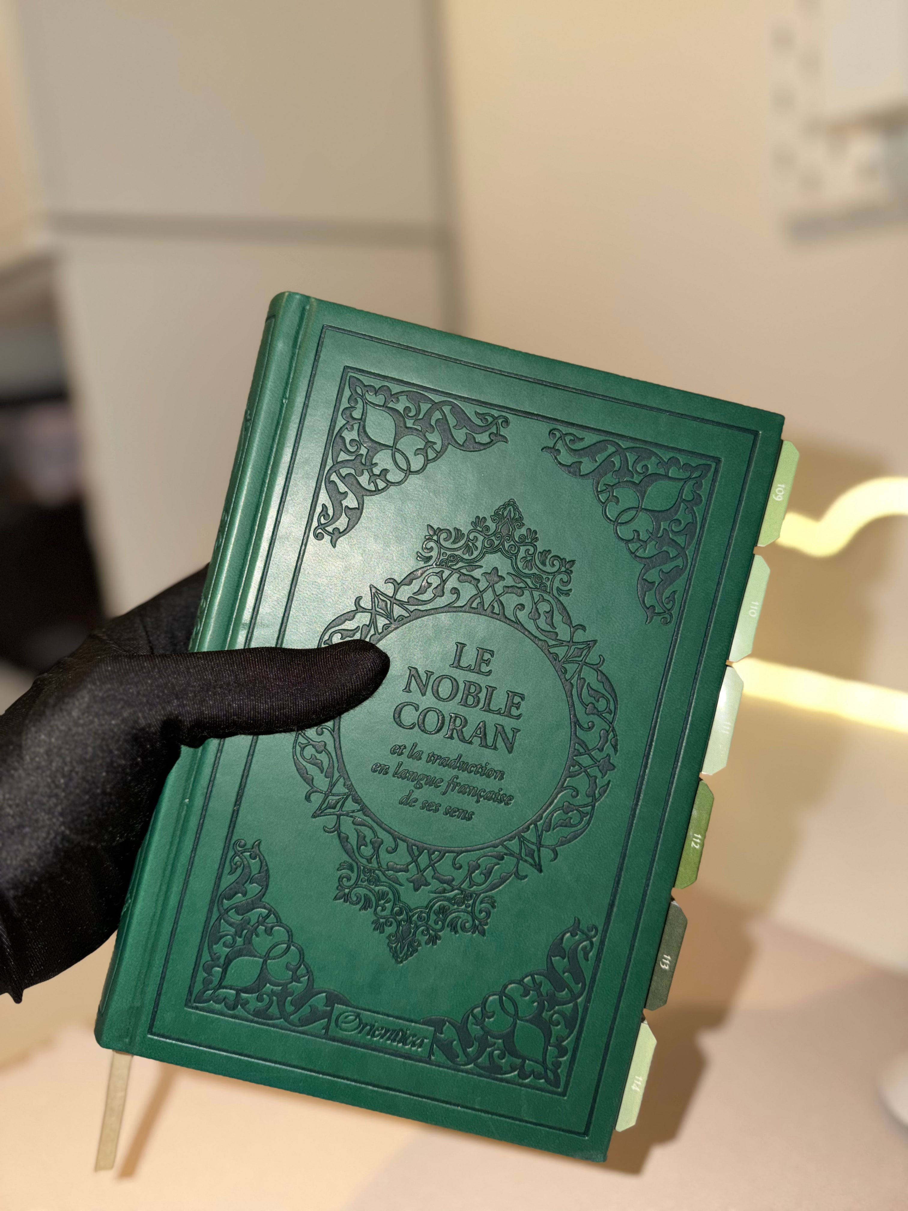 Coran vert Français - arabe  & onglet sourate plastifiés premium