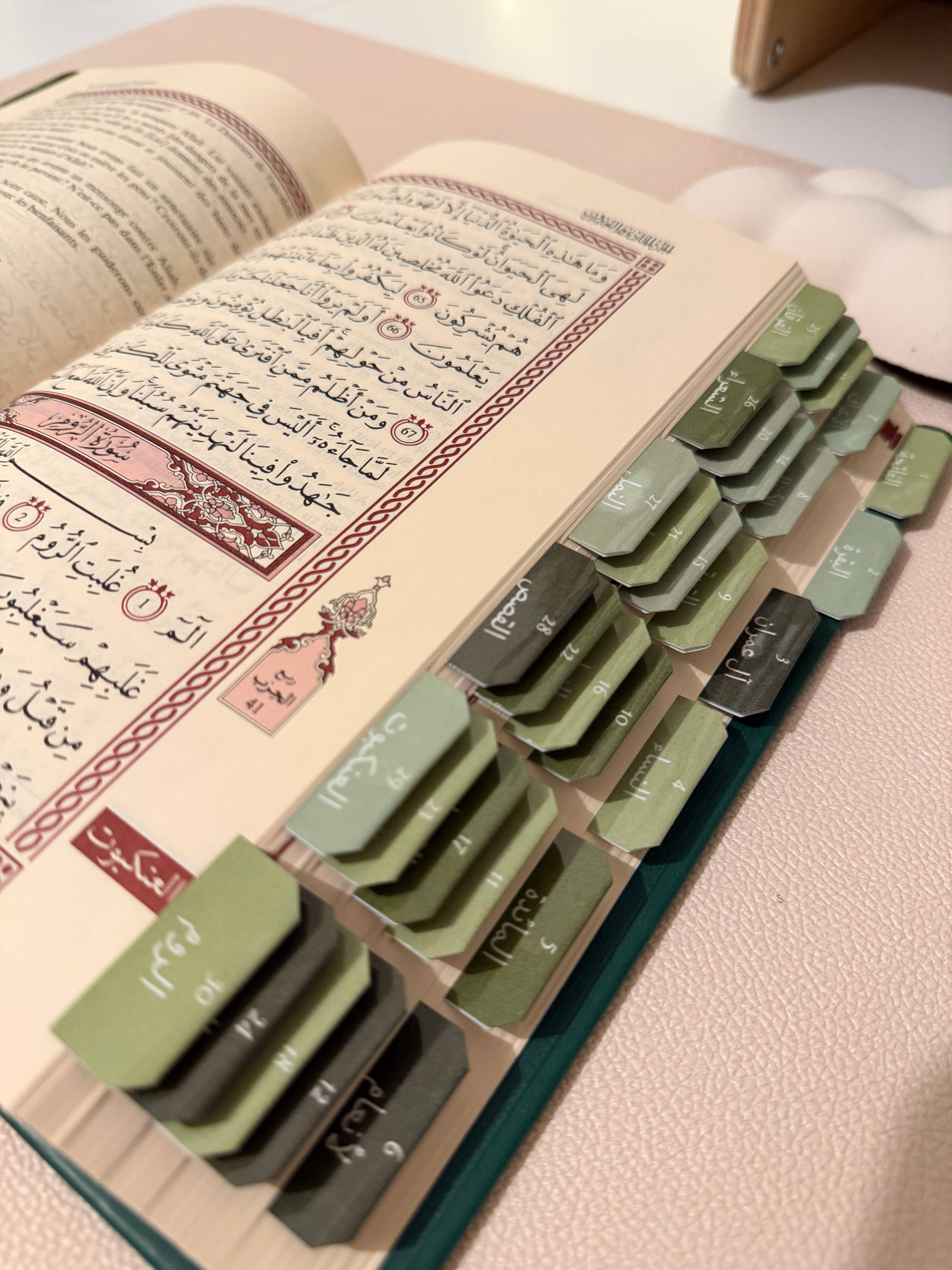 Coran vert Français - arabe  & onglet sourate plastifiés premium