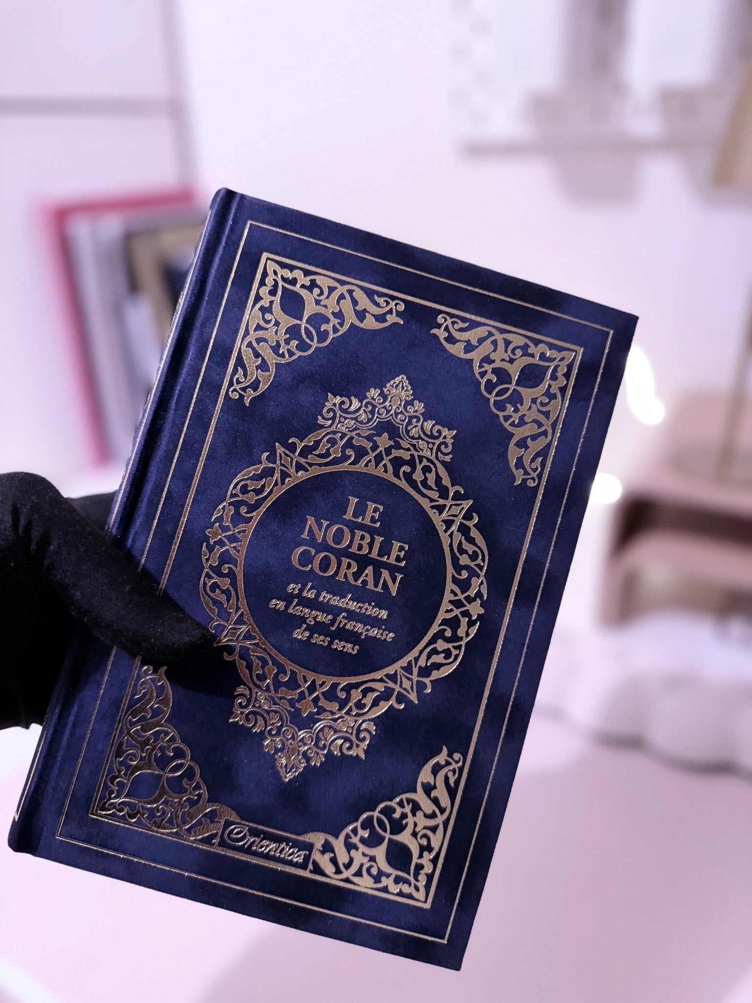 Coran luxe couverture en daim bleu arabe et français
