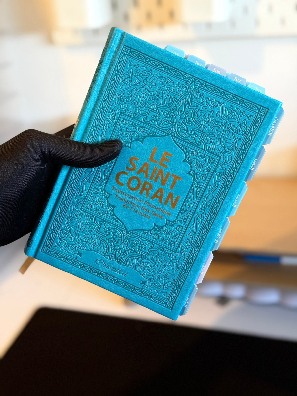 Coran turquoise & onglets plastifiés | Français - Arabe et phonétique - MIRAYA